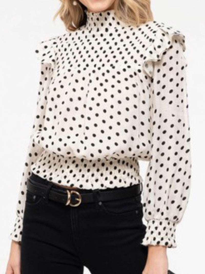 Polka Dot Smocked Long Sleeve Blouse