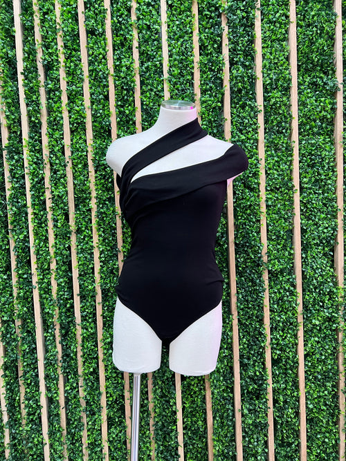 Black Delicate Asymmetric Shoulder Bodysuit