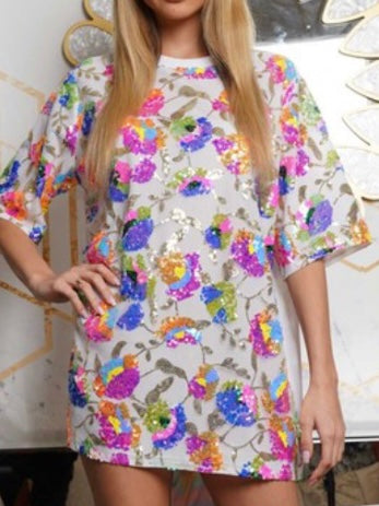 Floral Sequin Embroidered Shirt Dress