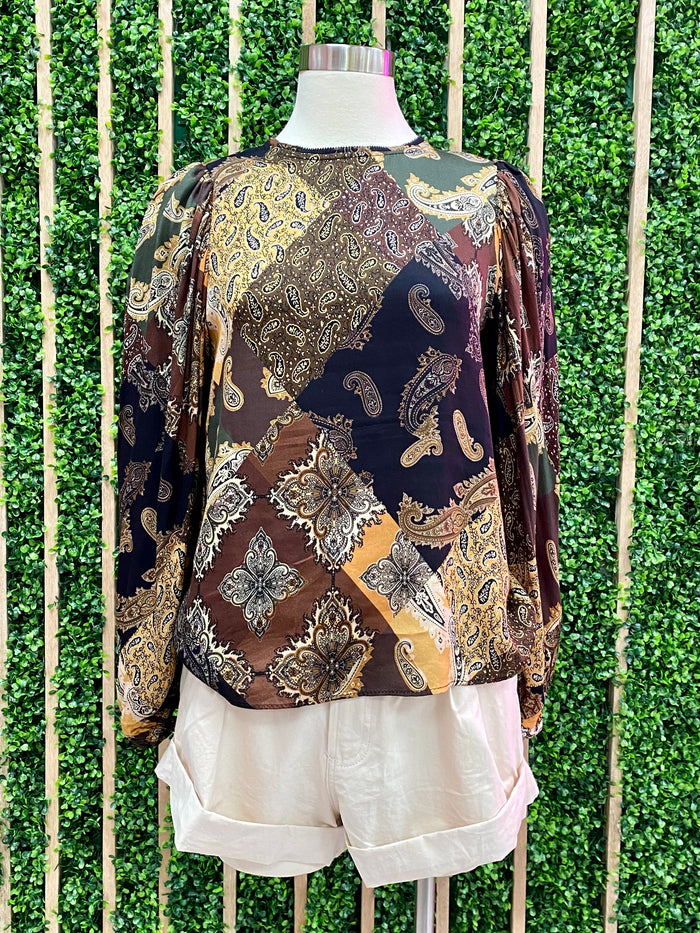 Burgundy Paisley Long Sleeve Blouse