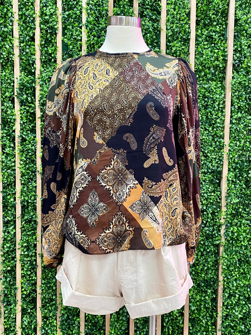 Burgundy Paisley Long Sleeve Blouse