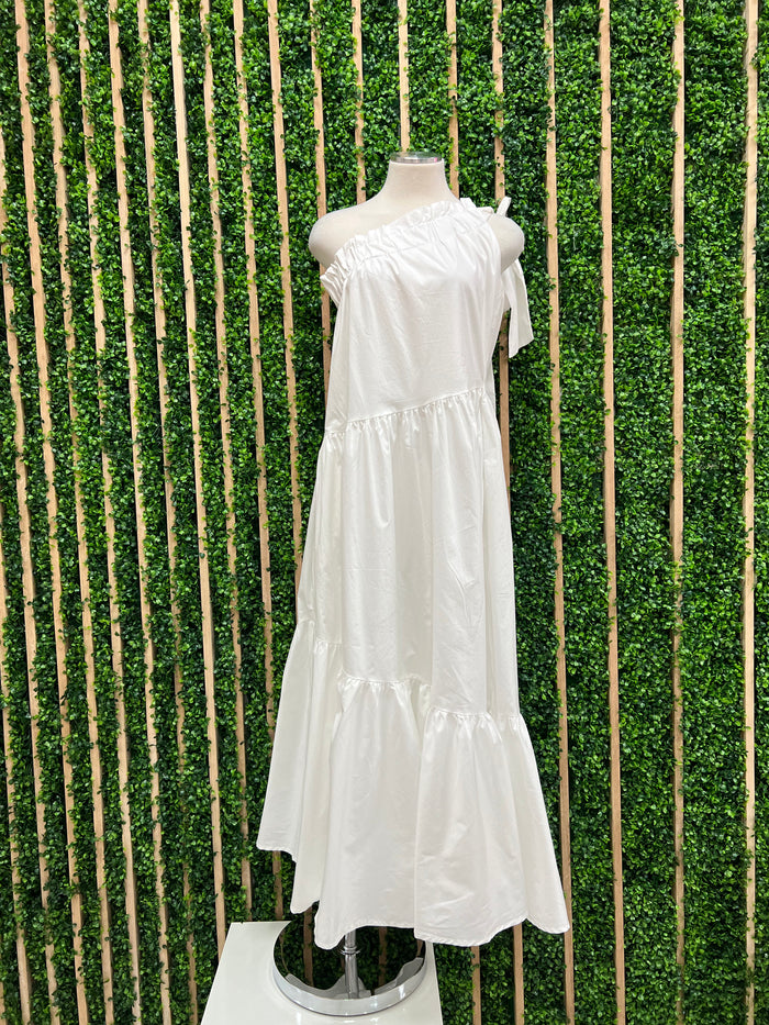 White Gathered One Shoulder Maxi Dress