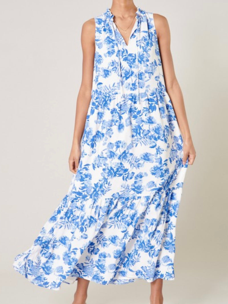 Blue Floral Ruffled Midi Dress