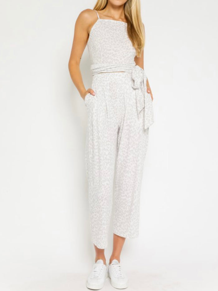 Grey Animal Print Midi Crop Pant Set