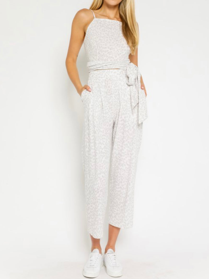 Grey Animal Print Midi Crop Pant Set