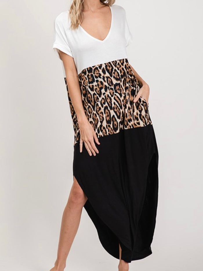 Leopard Color Block V Neck Maxi Dress