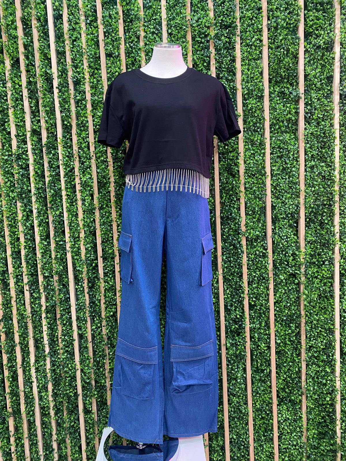 Rhinestone Fringe Crop Shirt