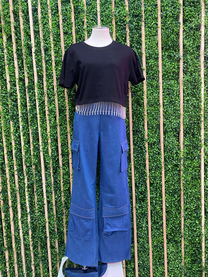 Rhinestone Fringe Crop Shirt