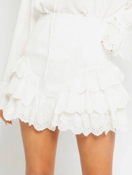 Off White Lace Detail Smocked Ruffled Mini Skirt