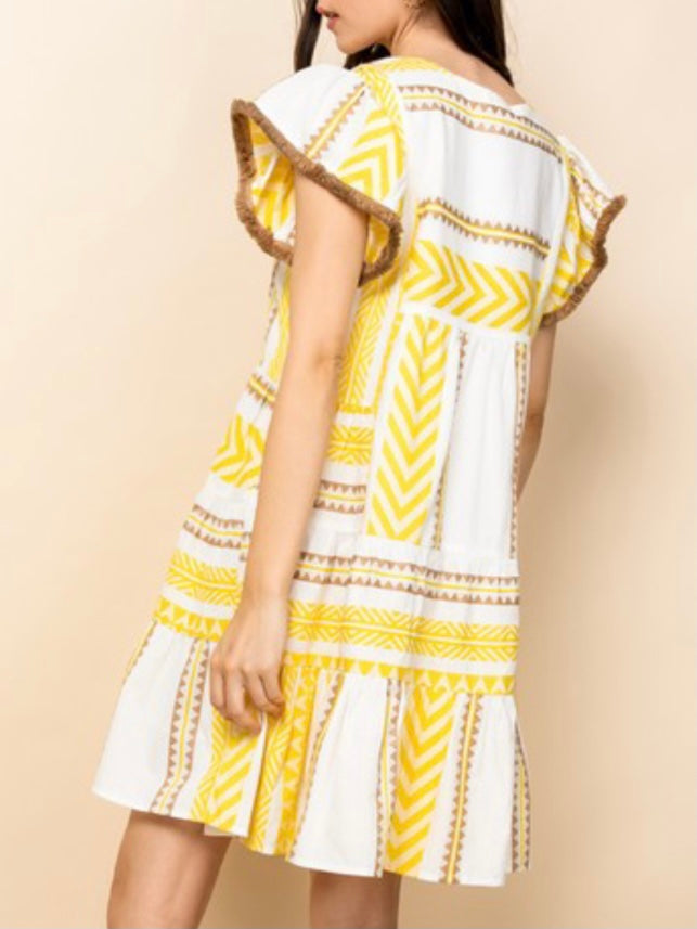 Yellow Aztec V Neck Short Dress