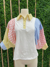Color Block collar Puff Sleeve Top