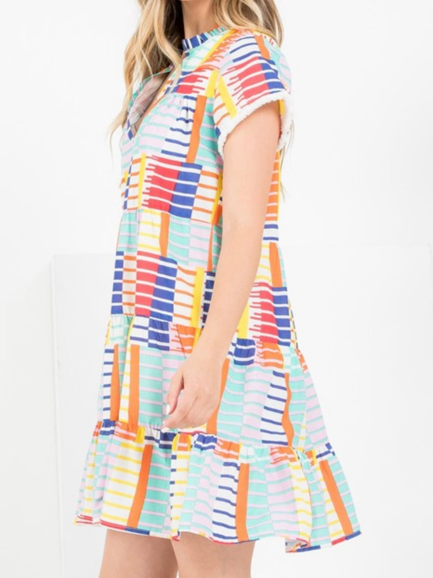 Multicolor Block Flutter Sleeve Dress