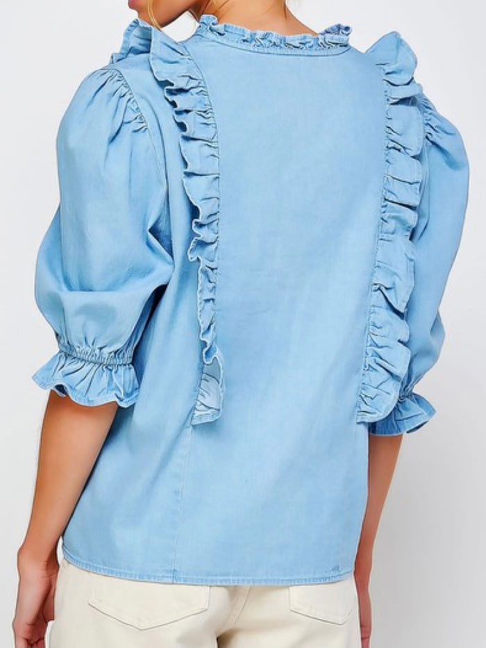 Ruffled Sleeve Denim Blouse