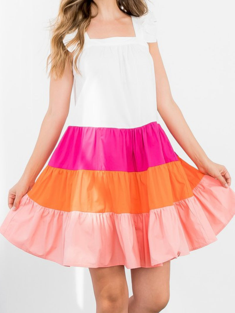 Angel Sleeve Color Blocked Short Dress