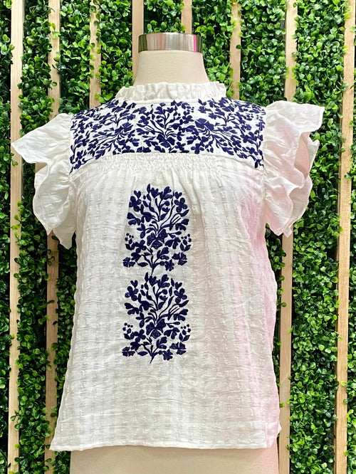 White Navy Embroidered Flutter Sleeve Top