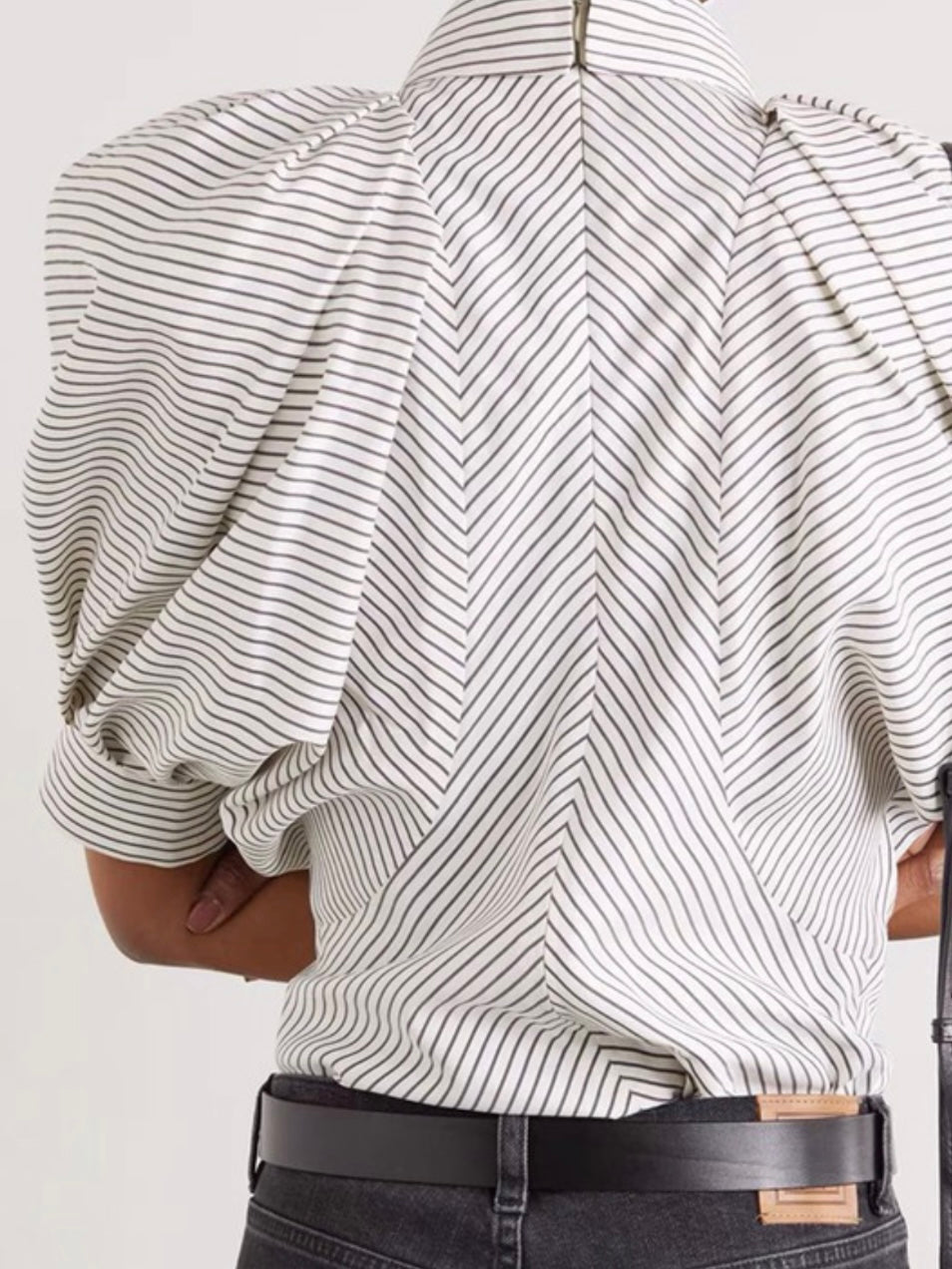 Striped Bubble Sleeve Button Down Blouse