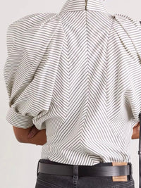 Striped Bubble Sleeve Button Down Blouse