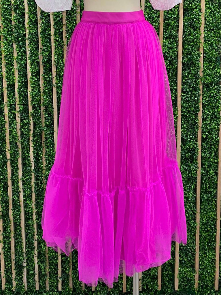 Magenta Tulle Midi Skirt