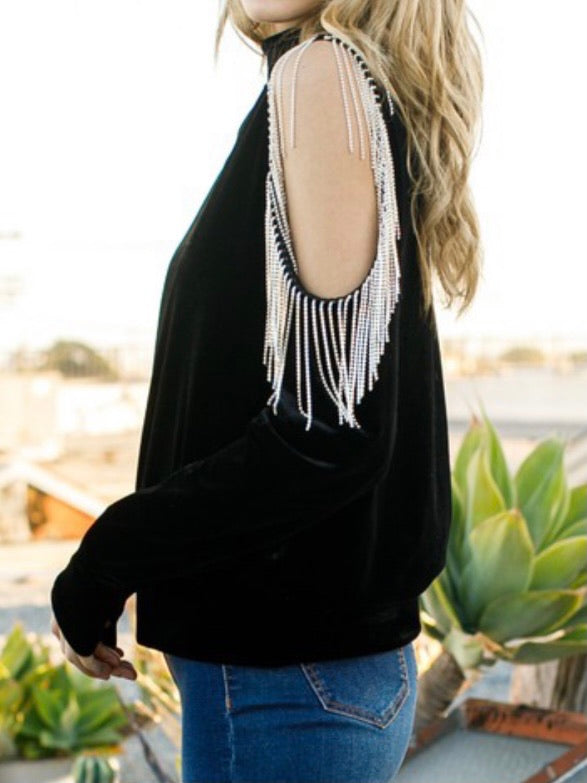 Rhinestone Cold Shoulder Velvet Sweater