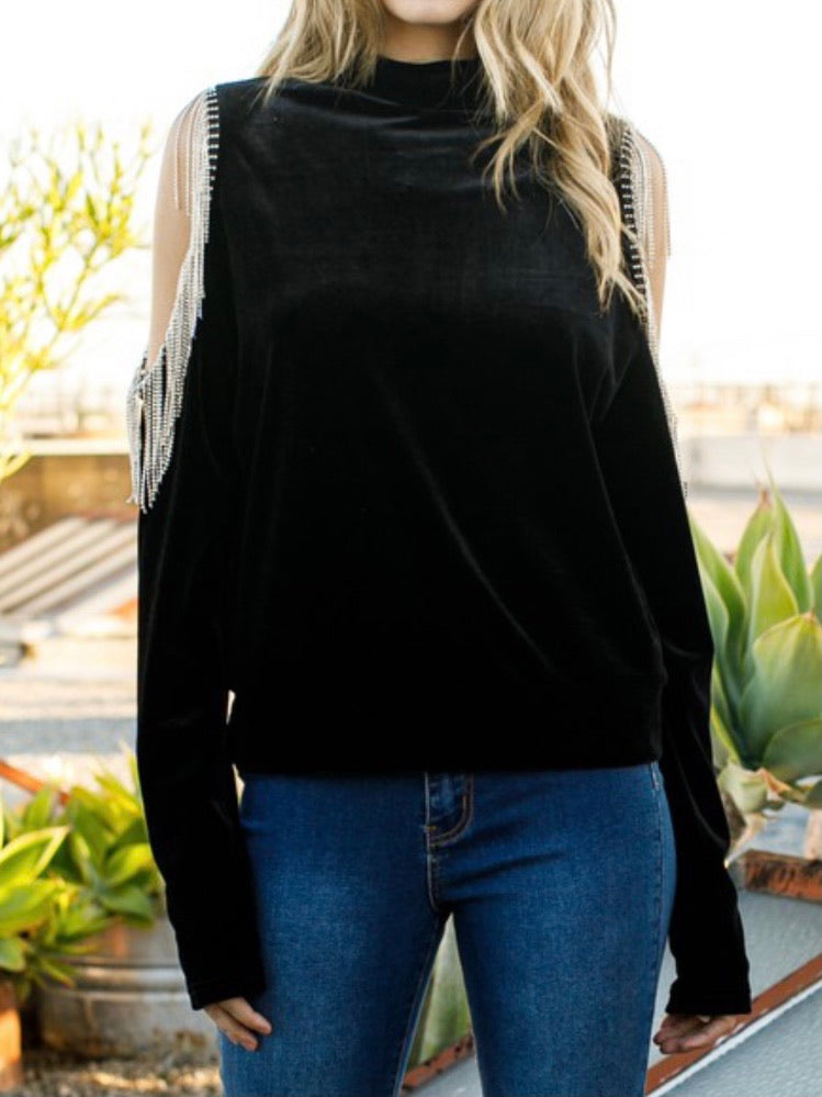 Rhinestone Cold Shoulder Velvet Sweater