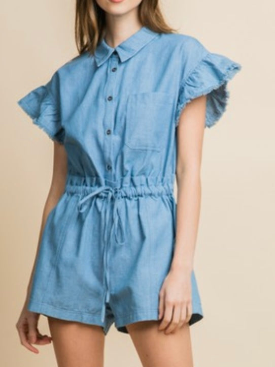 Ruffled Sleeve Paperbag Denim Romper