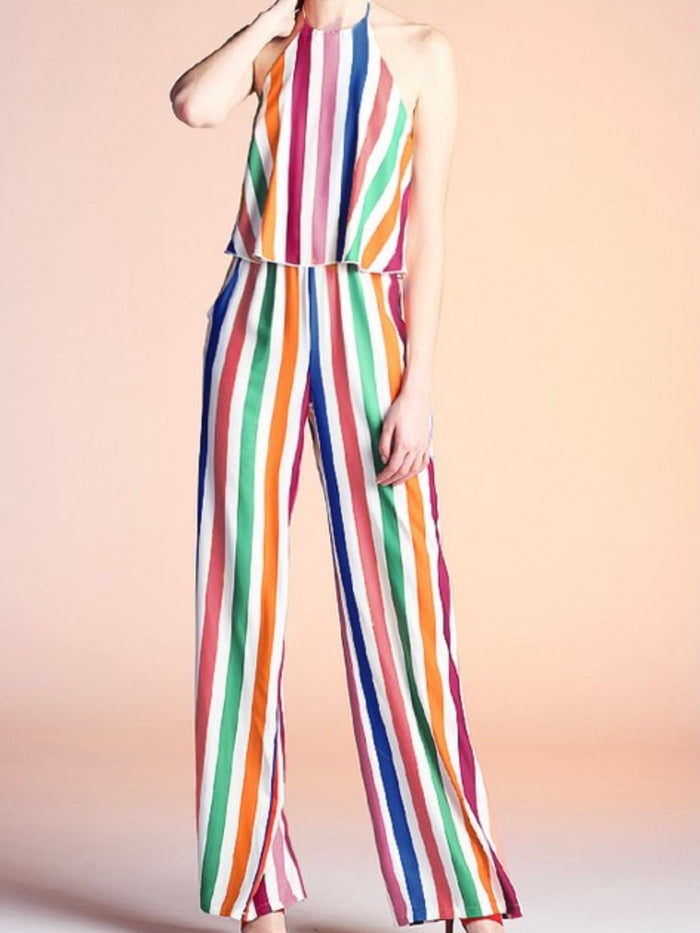 Bright Rainbow Stripe Halter Jumpsuit