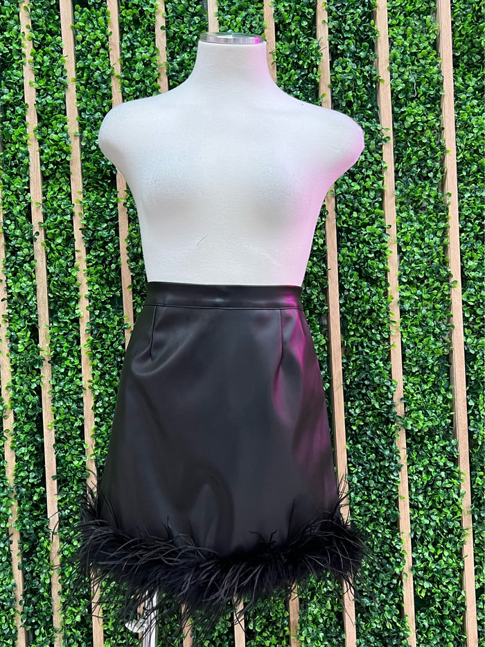 Black Feather Trim Pleather Skirt