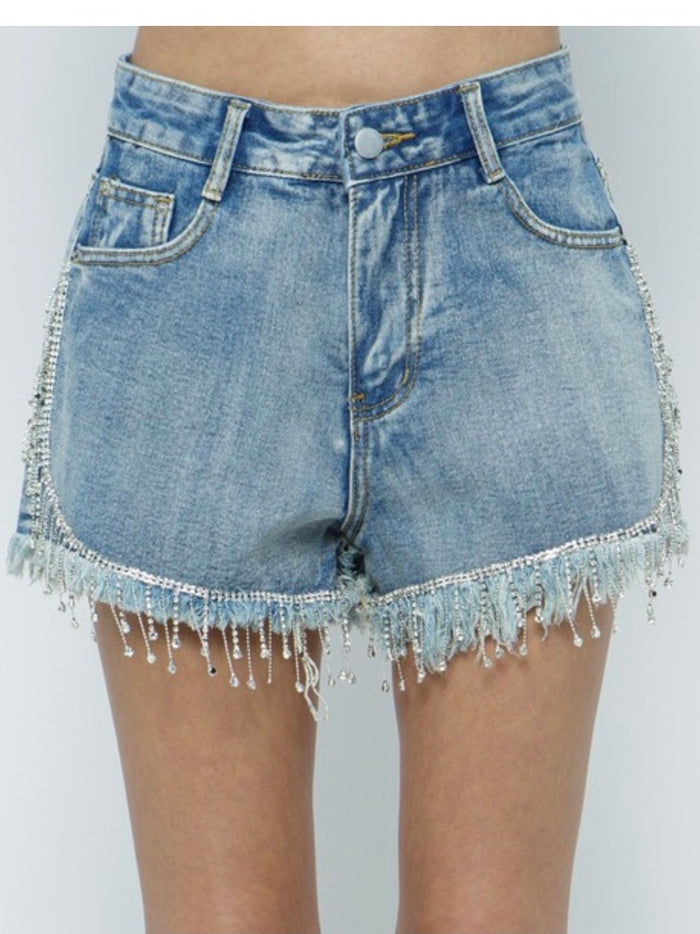 Fringe Rhinestone Denim Short