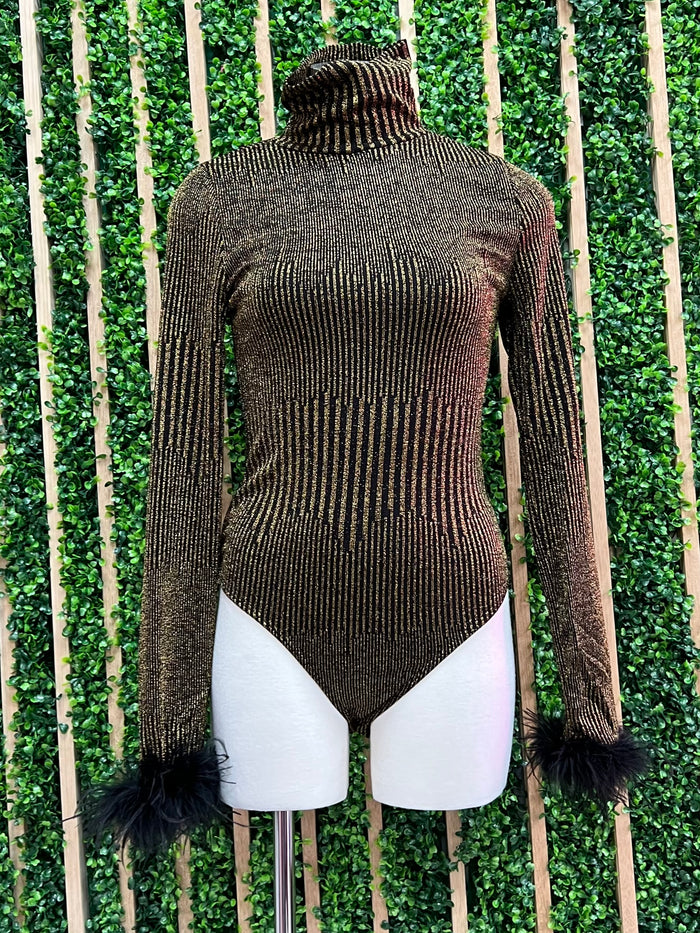 Feather Trim Gold Metallic Bodysuit