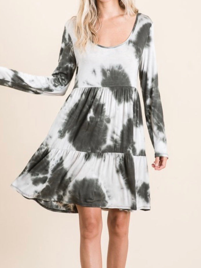 Tie Dye Tiered Long Sleeve Short Dress