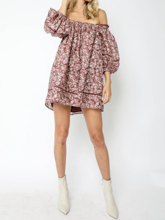 Mauve Floral Off Shoulder Boho Dress