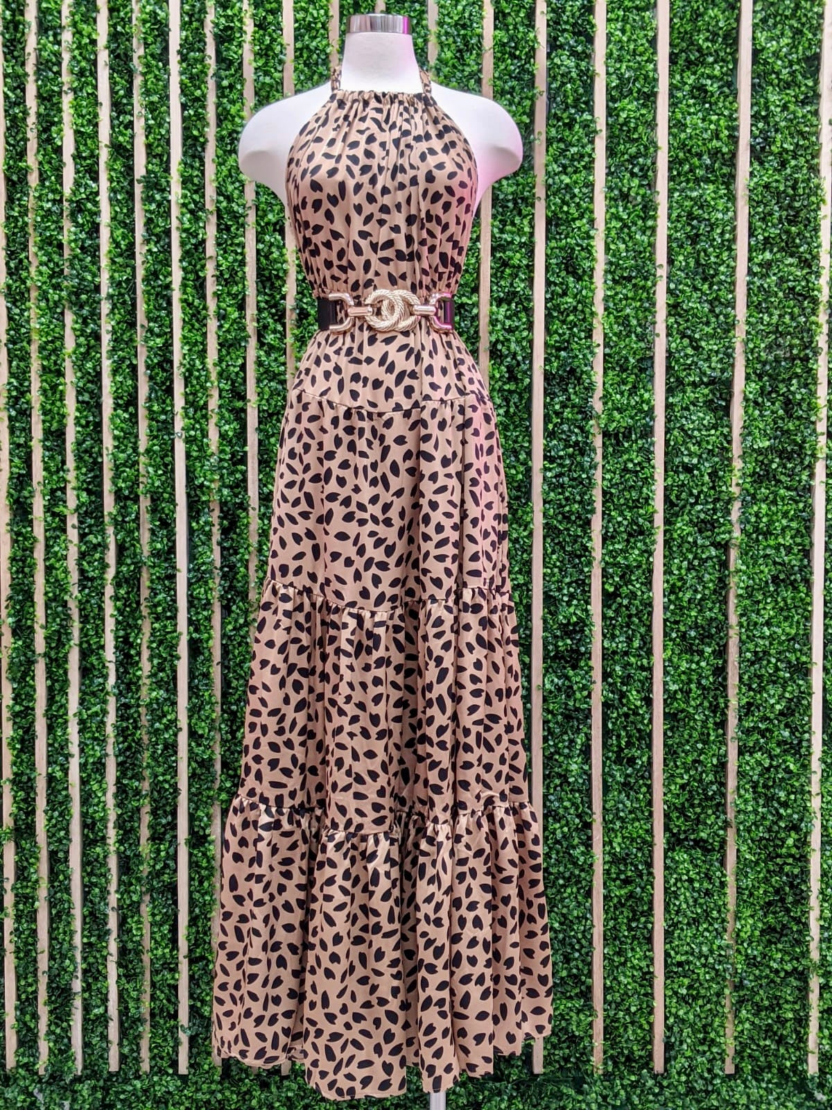 Camel / Black Halter Maxi Dress