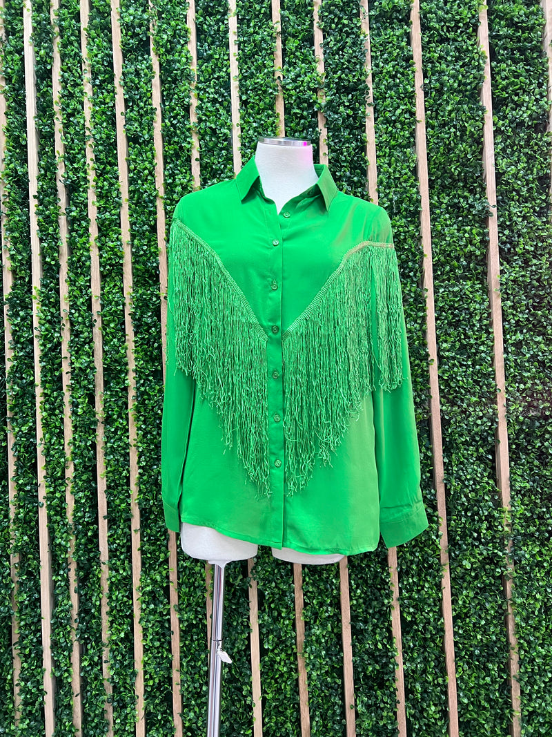 Green Fringe Button Down Blouse