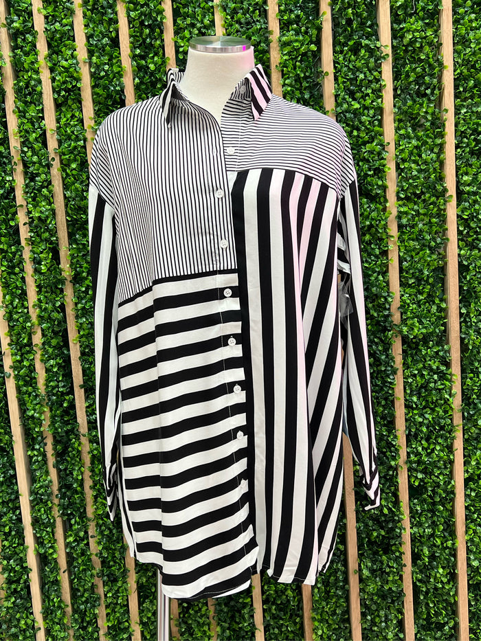 Black and White Contrast Stripes Blouse Dress