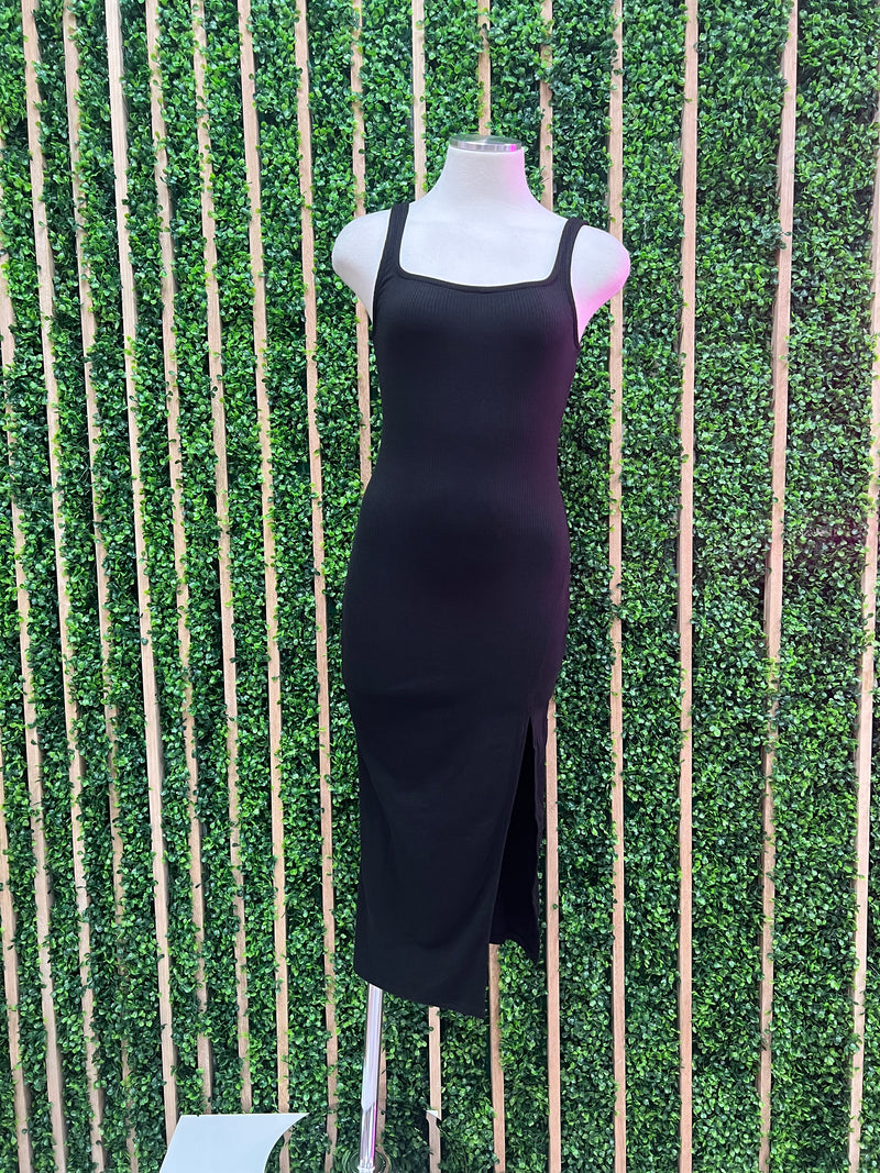 Black Sleeveless Square Bodycon Midi Dress