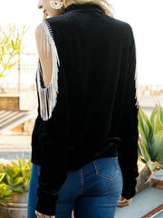 Rhinestone Cold Shoulder Velvet Sweater