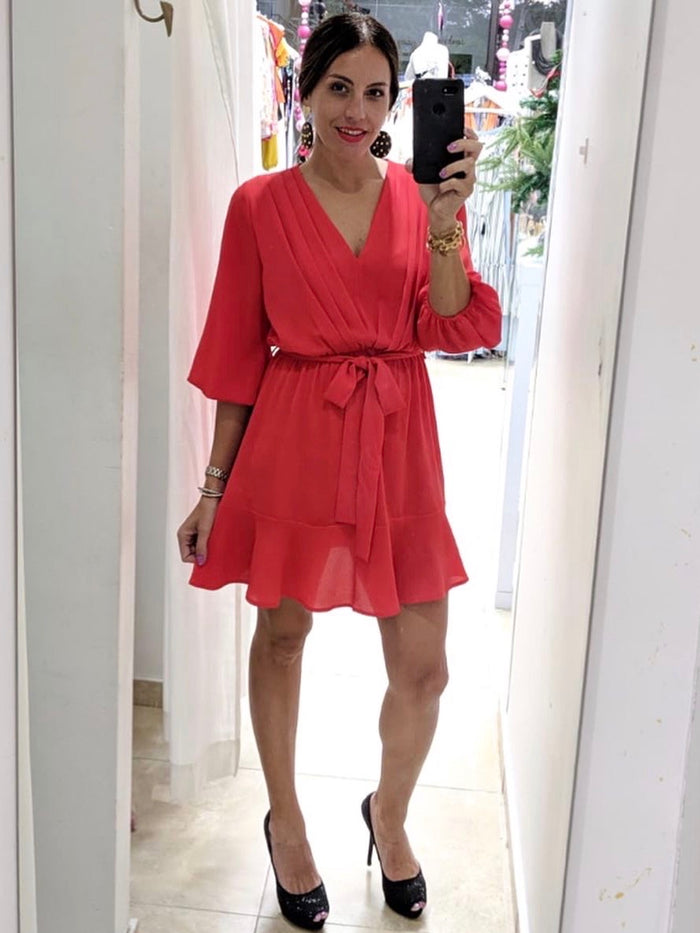 Red Long Puff Sleeve Dress