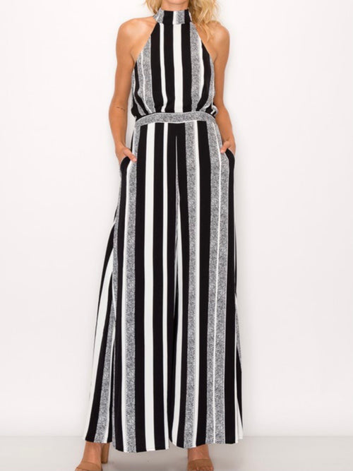 Black and White Striped Halter Jumpsuit
