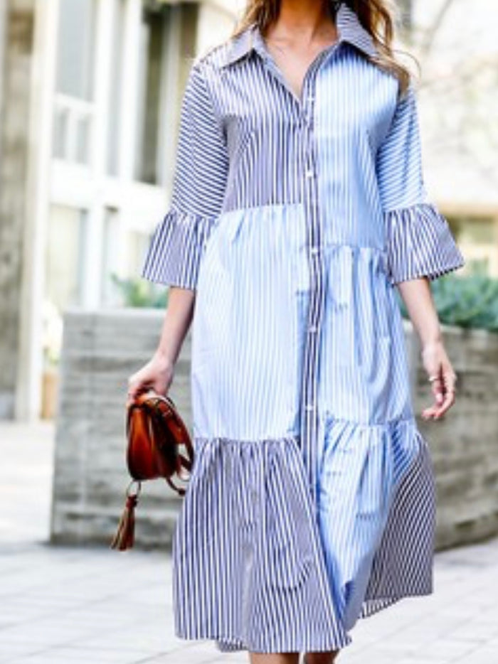 Stripe Contrast Irregular Blouse Midi Dress