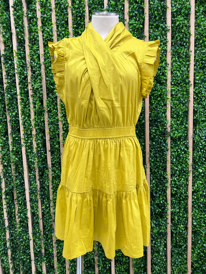 Chartreuse Cross Neck Short Dress