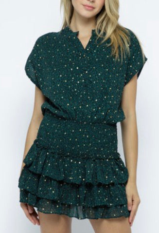 Hunter Green Cheetah Smocked Mini Dress