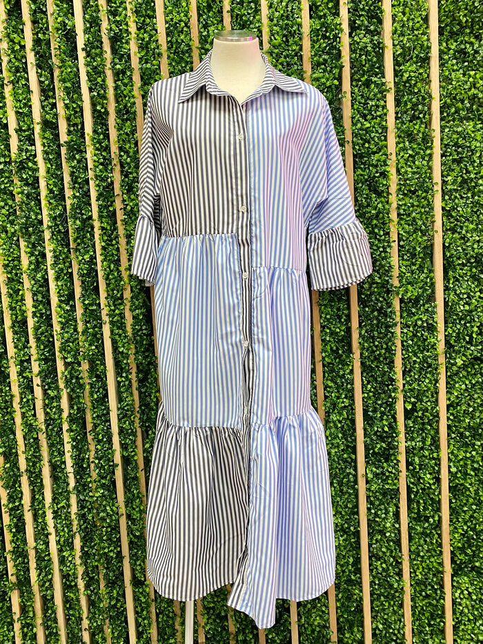 Stripe Contrast Irregular Blouse Midi Dress