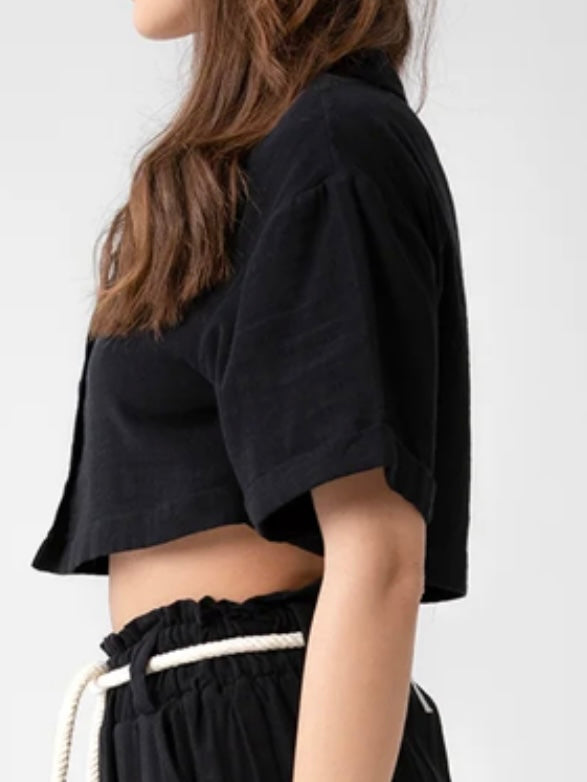 Boho Black Short Button Down Crop Top