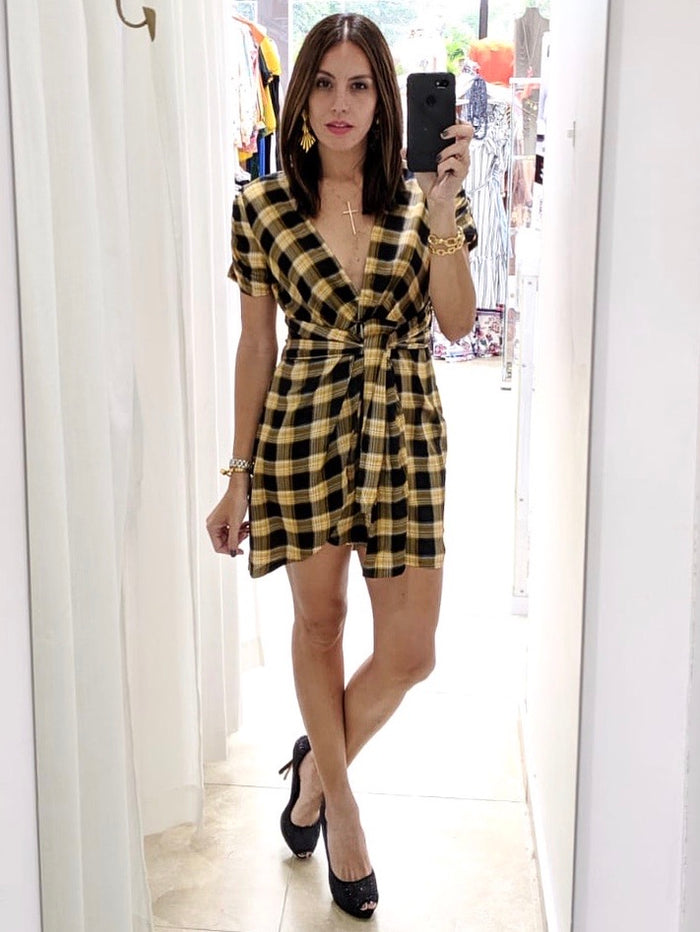 Yellow Plaid Wrap Dress