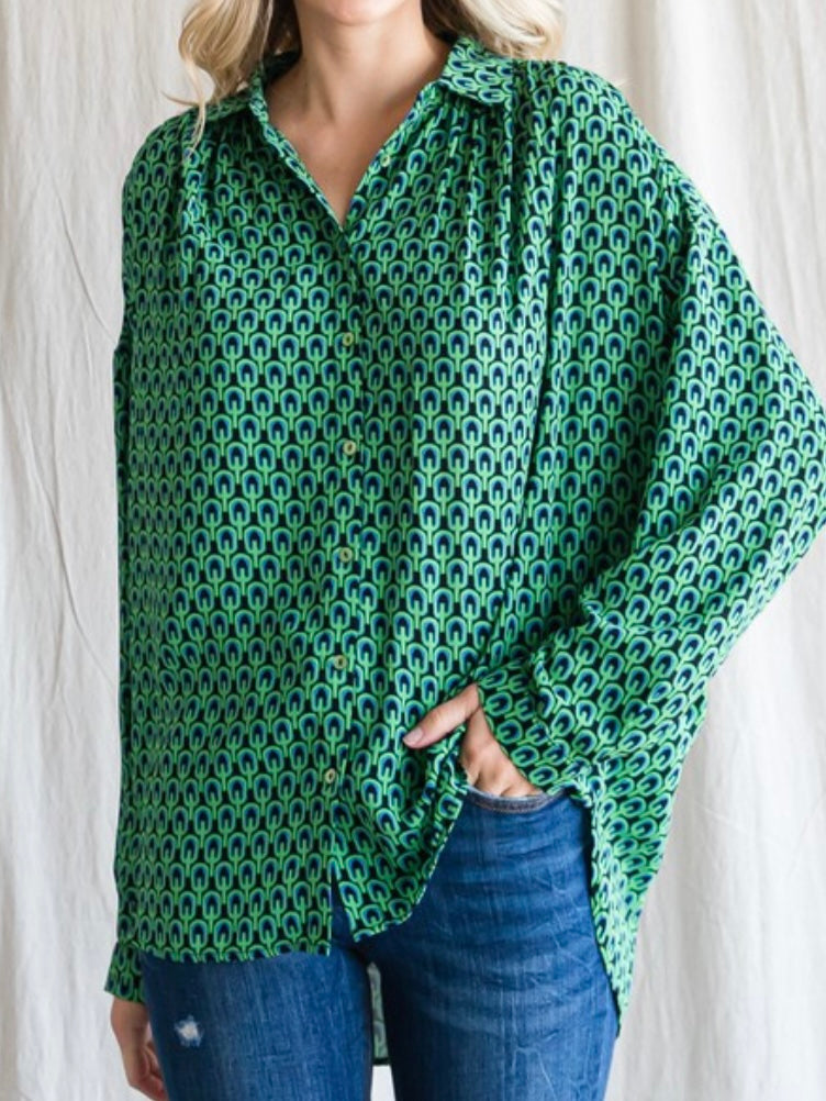 Geo Green Print Button Down Blouse