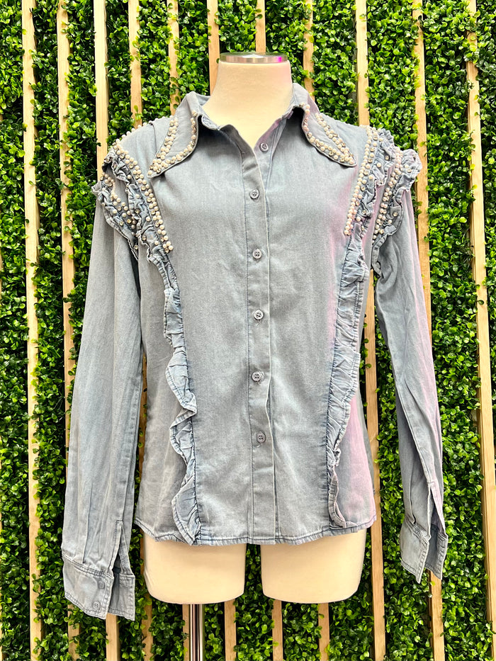 Embellished Collar Denim Blouse
