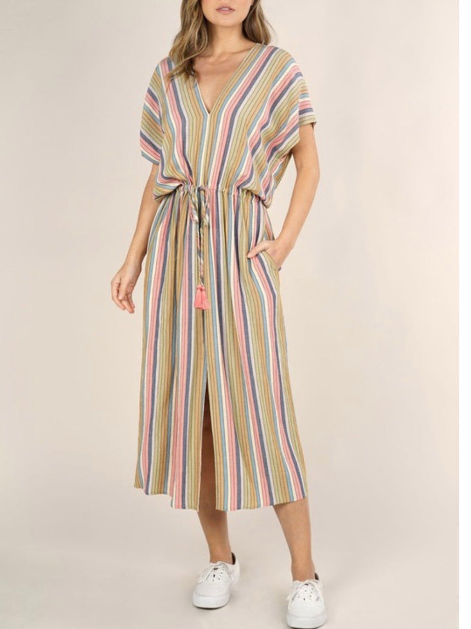 Striped V Neck Midi Dress