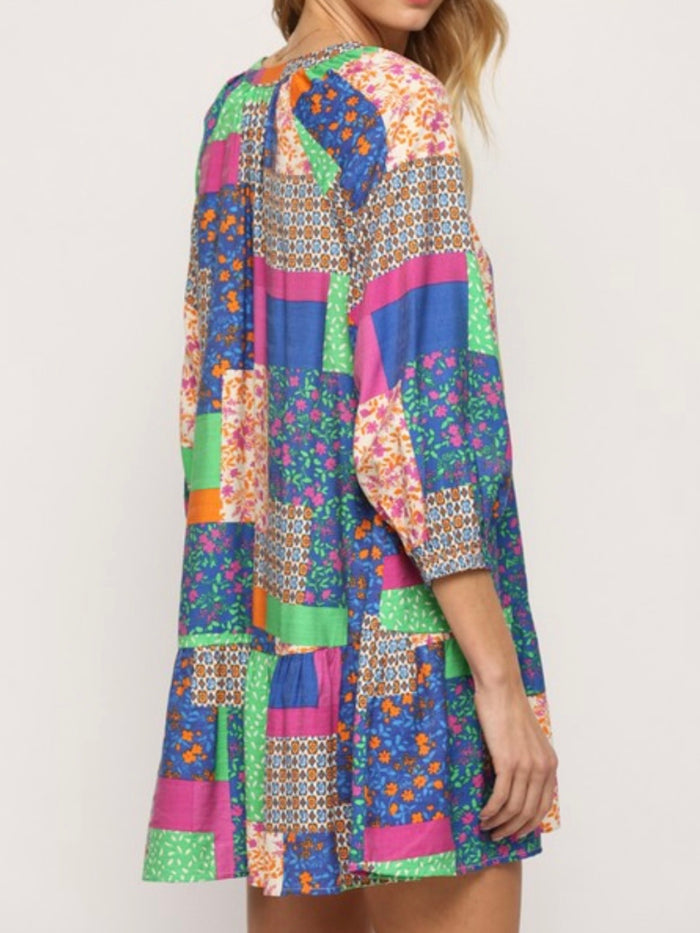 Green Orange Patchwork Drop Waist Dress