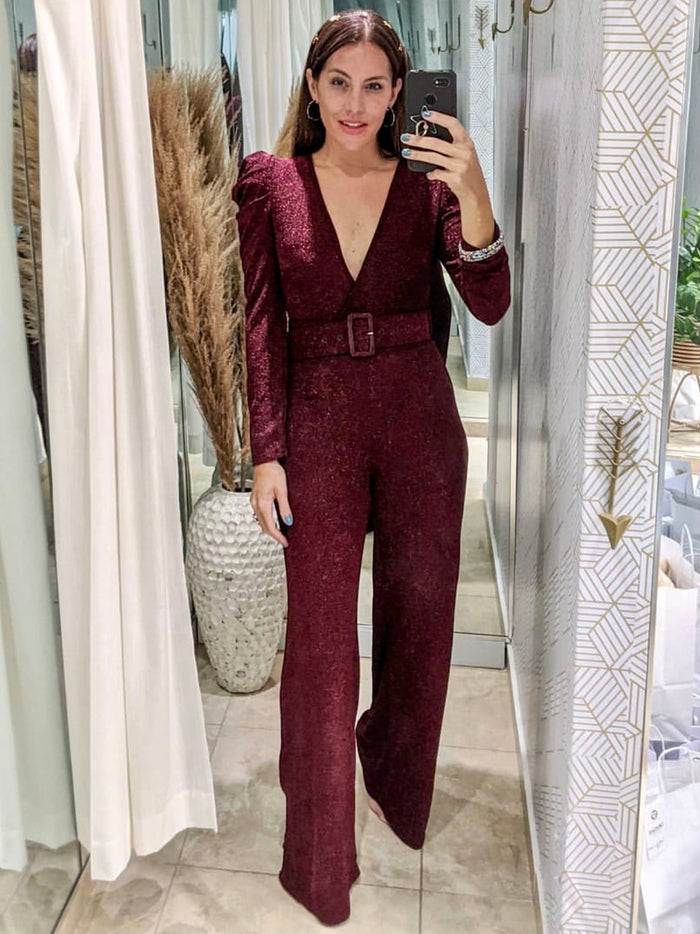 Metallic Red V Neck Jumpsuit