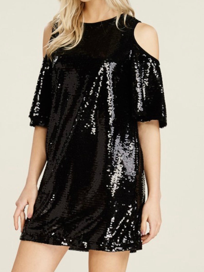 Black Sequins Cold Shoulder Dress